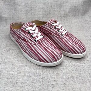 NWOB Spenco Khloe Kick canvas slip on sneakers shoes sz 7D Wide red/white stripe